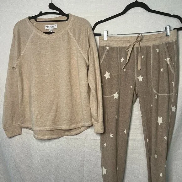 Live Love Lounge 3pc Women Soft Pajamas Long Sleeve Lounge Set Tan Small - 0376 - Picture 3 of 11